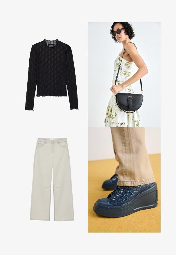 Black long-sleeve top with a sheer ribbed texture, featuring a frilled mock neck and a cropped hemline.; Light gray wide-leg pants with five pockets, front button closure, and contrast stitching along seams. Fabric appears soft and durable.; Navy wedge shoes featuring textured crocodile-patterned material, gold eyelets, and a rubber toe cap, paired with beige fabric pants.; Black leather handbag with a curved shape, detachable strap, and gold hardware. The bag features a flap with a buckle detail.
