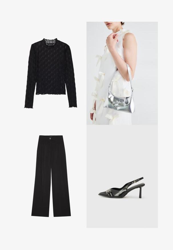 Camisola preta de manga longa com uma textura canelada translúcida, apresentando um colarinho mock frufru e uma bainha cropped.; Calças largas pretas com pregas, apresentando um fecho de botão e dois bolsos laterais; textura suave com um design ajustado.; Sapato slingback preto em pele patentada com bico apontado, tiras no tornozelo apresentando fivelas e acessórios prateados, e um salto elegante.; Bolsa metálica prateada com uma forma estruturada, apresentando uma alça superior e um detalhe de laço na frente. Textura suave, acabamento reflexivo.