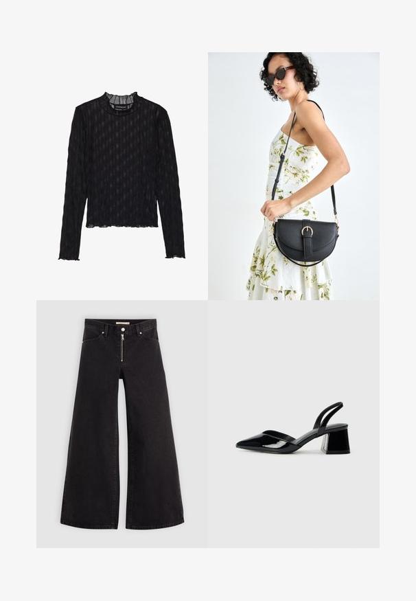 Mustmust pikkade varrukatega top, millel on läbipaistev ribi tekstuur, frilliga madal kaelus ja lühike hemline.; Laiad teksad mustast denimist, millel on lukuga eesmine osa, viie taskuga disain ja peened õmblusdetailid. Sile tekstuur ja juhuslik stiil.; Mustad musta lakknahk kingad, millel on terav varvas ja geomeetriline plokkkonts. Omab elegantselt minimalistlikku disaini ja sujuvat tekstuuri.; Mustmust mustraha kõverate joontega, eemaldatava rihmaga ja kuldsete detailidega. Kotil on klapp, millel on pandladetail.