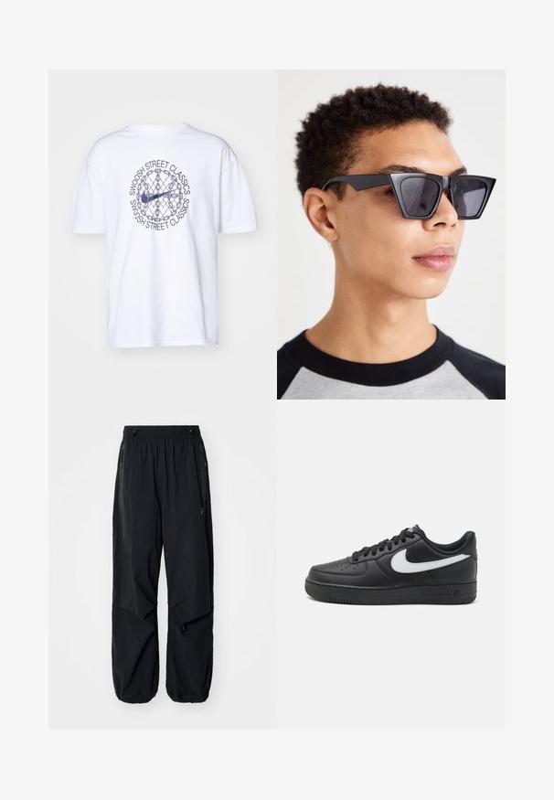 Witte T-shirt met zwart cirkelvormig grafisch motief van een kettingscherm en kettingen, met een Nike swoosh en de tekst "Swoosh Street Classics" herhaald eromheen.; Zwarte lichtgewicht cargobroek met een elastische tailleband, zijritsen en ruime zakken. Heeft een losse pasvorm en taps toelopende boorden.; Zwarte Nike Air Force 1 sneakers met een glad leren bovenzijde, witte logoaccent, geperforeerde neus en een textuur rubberen zool.; Zwarte hoekige zonnebril met donkere lenzen, met een gedurfd geometrisch ontwerp en een matte afwerking. Draagt een persoon met kort haar.