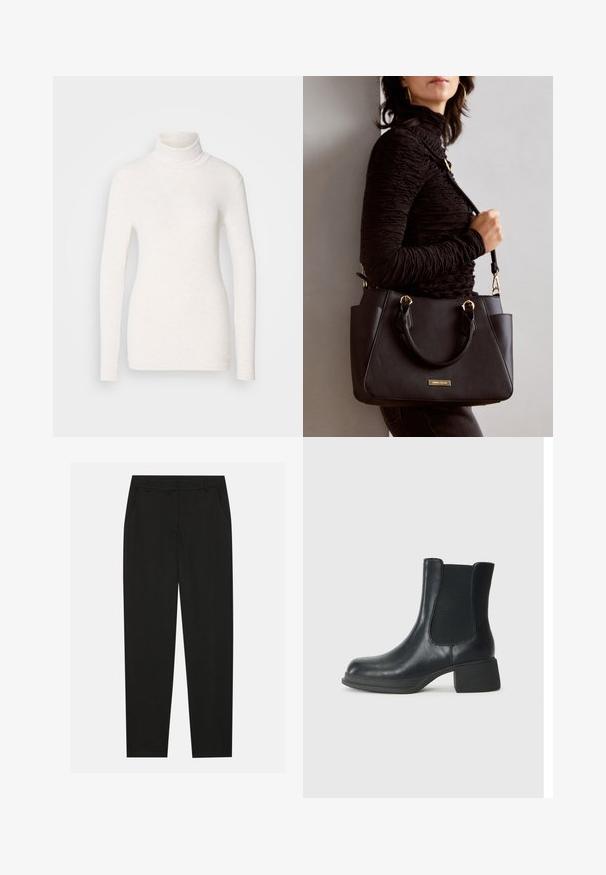 Valge pika varrukaga kõrge kaelusega topp, mis on valmistatud tekstuurilisest ja pehmest kangast. Omab liibuvat disaini ja kõrget kaelust, et tagada soojust.; Mustad püksid, millel on kohandatud disain, küljetaskud ja sirge sääreosa. Valmistatud sileda, kerge kangaga, millel on peen viimistlus.; Mustadast mustast nahast pahkluu saabas, millel on elastsed külgpaneelid, ümar varvas ja madal plokk kand. Pinndl on sile tekstuur ja minimaalne detailide arv.; Musthave must kott, millel on tekstuurne pind, kaks ülemist käepidet ja reguleeritav õlarihm. Omab kuldse tooni riistu ja külgtaskuid.