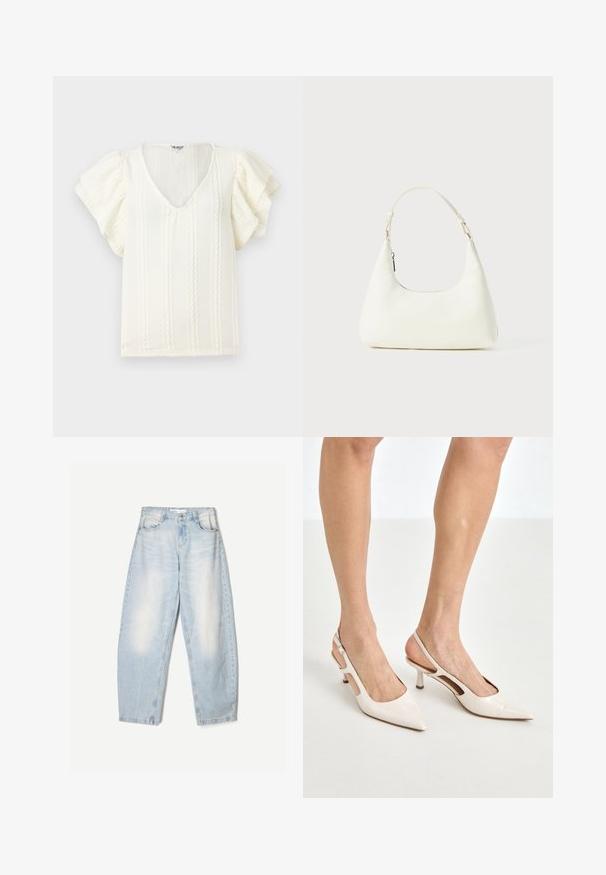Bluză albă cu mâneci scurte ondulate, decolteu în V și dungi verticale texturate. Material ușor, cu un luciu subtil și moale.; Cămașă albă cu guler clasic, mâneci lungi și croială lejeră. Fabricată dintr-un material ușor, cu o textură fină.; Jeanși din denim albastru deschis, cu o croială lejeră, având un finisaj decolorat, două buzunare frontale și o închidere cu nasture la talie.; Cizme slingback din piele vopsită bej, cu vârf ascuțit și toc de 5 cm, având laterale decupate și o curea subțire la gleznă.; Geantă mică albă pentru umăr, cu o curea ajustabilă și închidere cu fermoar, pe un fundal alb simplu.
