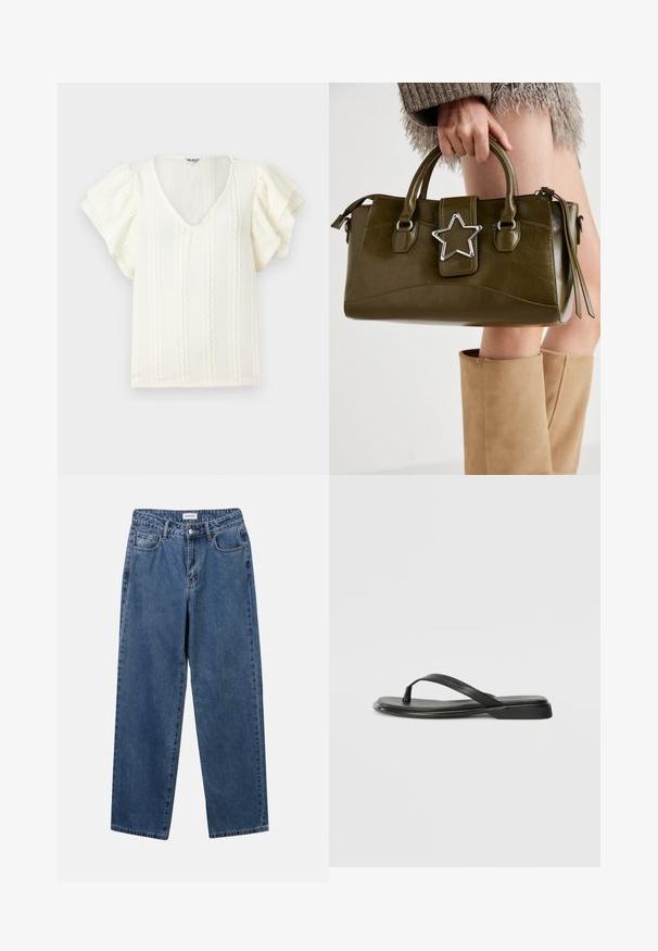 Balta blūze ar īsām ruffle piedurknēm, V veida kakla izgriezumu un vertikālām teksturētām svītrām. Viegls audums ar smalku, maigu spīdumu.; Klasiskie zili džinsi ar taisnu kāju dizainu, pieciem kabatām un pogu aizdari. Iezīmējas ar vidēju mazgāšanu un izturīgu tekstūru.; Melni flip-flopi, kas izgatavoti no gludas ādas, ar plānu siksniņu dizainu un plakanu zoli ar minimālu profilu. Nav ievērojamu rakstu vai akcentu.; Olive zaļš mākslīgās ādas rokassomu ar sudraba zvaigznes akcentu, divām rokturiem un rāvējslēdzēja aizdari. Strukturēta forma un teksturēta virsma.