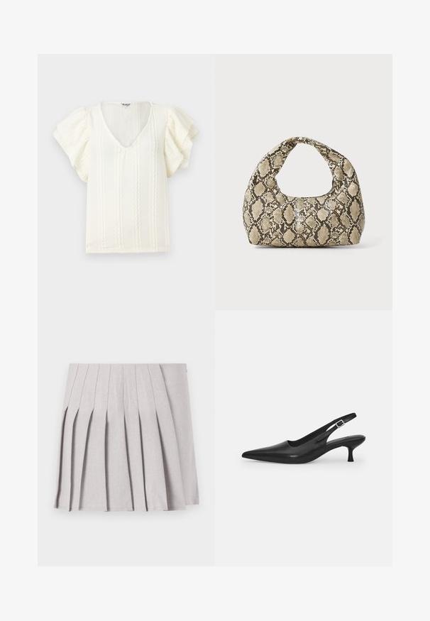 Biela blúzka s krátkymi volánovými rukávmi, výstrihom do V a vertikálnymi textúrovanými pruhmi. Ľahký materiál s jemným, mäkkým leskom.; Sivá plisovaná sukňa s hladkým povrchom, s viacerými vertikálnymi skladmi a priliehavým pásom. Vyrobená z ľahkého materiálu.; Čierne kožené sandále s úzkym špičatým prstom a štíhlym zakriveným podpätkom. Majú diskrétny nastaviteľný popruh s kovovou sponou.; Kabelka s hadím vzorom a zakriveným rukoväťou. Vyrobená z textúrovaných béžových a hnedých materiálov, s charakteristickým diamantovým vzorom.