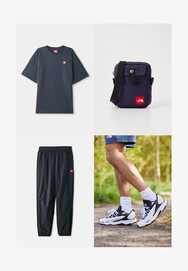 Dark navy blue short-sleeve T-shirt made of cotton, featuring a red logo patch on the left chest and a classic crew neckline.; Black lightweight pants made of synthetic material, featuring an elastic waistband, zippered side pockets, and a small red logo patch.; Black and white athletic shoes with mesh upper, textured accents, and white laces. Worn with white ankle socks and navy shorts on a path.; Purple nylon shoulder bag with a front flap, snap button closure, adjustable black strap, and a red logo patch on the front.