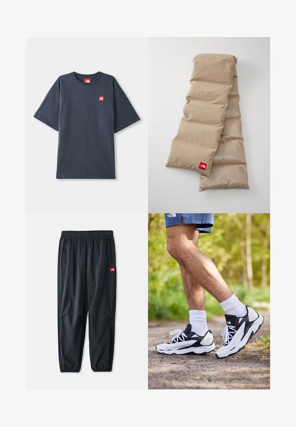 Mørk navy blå kortærmet T-shirt lavet af bomuld, med en rød logo-patch på venstre bryst og en klassisk rund halsudskæring.; Sorte letvægtsbukser lavet af syntetisk materiale, med elastisk talje, lynlåslommer på siden og et lille rødt logo-patch.; Sorte og hvide sportsko med mesh-overdel, teksturerede accenter og hvide snørebånd. Båret med hvide ankelstrømper og marineblå shorts på en sti.; Beige puffer tørklæde med en tekstureret overflade, består af polstrede sektioner og har et rødt logo-mærke på den nederste kant.