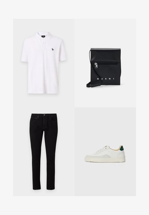 Witte polo shirt van katoen, voorzien van een klassieke kraag, een twee-knopen sluiting en een klein meerkleurig zebra-logo op de borst.; Zwarte denim jeans met een slim fit, voorzien van een standaard tailleband, vijf zakken en metalen hardwareaccenten. Glad, licht elastisch materiaal.; Witte sneaker met suède accenten, ronde neus, platte veters en een crème rubberen zool. Bevat groene branding op de hiel.; Zwarte leren schoudertas met een ritsvak aan de voorkant, reliëflogo en verstelbare schouderband. Soepele textuur met een gestructureerde vorm.
