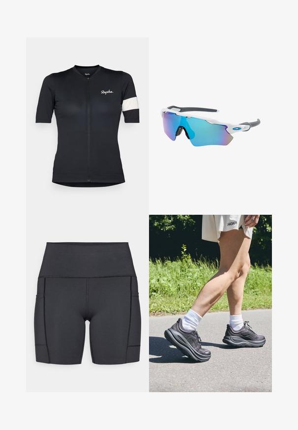Rowerka z krótkim rękawem w czarnym materiale z teksturowanym wzorem, zamek z przodu i biały pasek na lewym rękawie. Haftowane logo.; Czarne szorty z wysokim stanem wykonane z elastycznego materiału, z kieszeniami bocznymi, płaskimi szwami i gładką powierzchnią dla komfortu podczas aktywności.; Czarne buty sportowe z teksturowanej tkaniny, grube, amortyzujące podeszwy i sznurówki, w połączeniu z białymi skarpetami i jasnobeżowym ubraniem.; Okulary przeciwsłoneczne z białą oprawą, szarymi akcentami i niebieskimi lustrzanymi soczewkami. Sportowy design, kształt otaczający, z regulowanymi noskami.