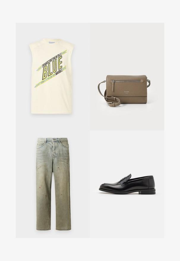 Cream tank top with wide armholes. Features black text "TRANSCONTINENTALE BLUE MARBLE" and colorful striped accents in blue and green.; Distressed denim jeans in light green, featuring a straight leg, five-pocket design, and uneven fading with paint splatters.; Black leather loafers with a smooth texture, rounded toe, and a decorative strap across the vamp. Low stacked heel, minimalist design.; Taupe leather crossbody bag with a zippered front pocket, adjustable strap, pebble texture, and embossed logo on the front.