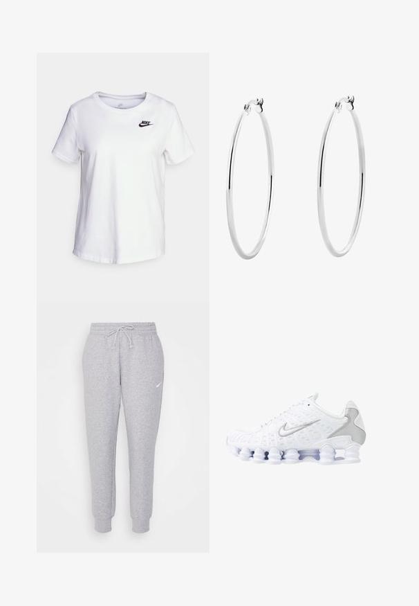 Biela bavlnená tričko s kulatým výstrihom a krátkymi rukávmi. Má čierne logo Nike na hornej ľavej oblasti hrudníka.; Svetlosivé tepláky s nastaviteľným pásom, zúženými nohavicami a malým bielym logom na ľavom stehne. Vyrobené z mäkkej, štruktúrovanej tkaniny.; Biele športové topánky s jemnou sieťovinou na hornej časti, striebornými detailmi a jedinečným dizajnom podpätka v tvare cievky. Majú polstrovaný golier a šnurovanie pre lepšie udržanie na nohe.; Strieborné kruhové náušnice s hladkým, lesklým povrchom a tenkým, kruhovým tvarom. Dizajn obsahuje bezpečné zapínanie.