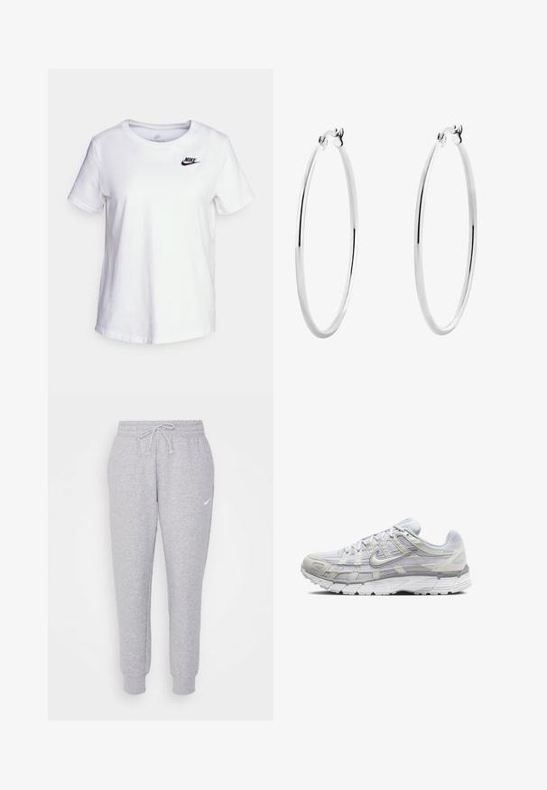 Hvid bomulds t-shirt med rund halsudskæring og korte ærmer. Har et sort Nike-logo i det øverste venstre brystområde.; Lys grå sweatpants med snor i taljen, tapered ben og et lille hvidt logo på venstre lår. Fremstillet af et blødt, tekstureret stof.; Lys grå atletik sko med en overdel i mesh og syntetiske materialer, der har snørebånd, polstret krave og struktureret sål for godt greb.; Sølv hoops øreringe med en glat, poleret overflade og en tynd, cirkulær form. Designet har en sikker låsemekanisme.