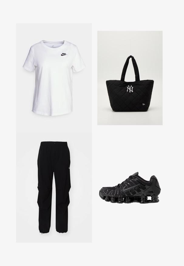 T-shirt bianca in cotone con scollo rotondo e maniche corte. Presenta un logo Nike nero nella parte superiore sinistra del petto.; Pantaloni neri da esterno realizzati in materiale resistente, con vestibilità rilassata, cintura elastica e polsini regolabili per lunghezza adattabile.; Scarpa sportiva nera con tomaia in mesh e sovrapposizioni lucide. Presenta un'imbottitura a molla curva e linee texturizzate sul lato. Logo Nike visibile.; Borsa a spalla nera imbottita con doppi manici, dotata di un logo bianco dei New York Yankees e un piccolo emblema del marchio sul lato.