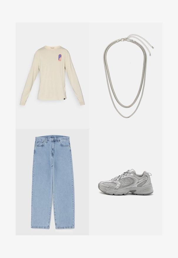 Beige långärmad Patagonia-skjorta med liten blå och röd logotyp på övre vänstra bröstet, som har en stiliserad design och text.; Ljusblå denimjeans med rak bendesign, midjehög midja, fem fickor samt knapp- och dragkedjestängning.; Silver atletisk sko med en slank design, nätpaneler, vadderad tunga, texturerat syntetiskt övre och gummisulor för grepp.; Tre-lager silvermetallhalsband med eleganta, flexibla kedjor med en svag glans, säkrad med ett kräftklämma och justerbar kedja.