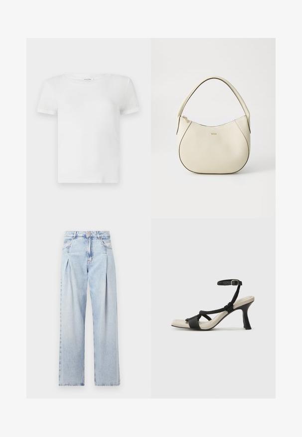Fehér pamut póló kerek nyakkal és rövid ujjakkal. Az anyag simának tűnik, könnyű textúrával és látható minták nélkül.; Világoskék farmernadrág magas derekú, bő szabású, két oldalsó zsebbel és pliszírozott dizájnnal. Puha tapintású, elhalványított felület.; Fekete sarkú szandál fonott pánttal, négyzet alakú orral és állítható bokapánttal. Világos bézs talpbetét fényes fekete sarkával.; Krém színű kézi táska texturált felülettel, ívelt formával, rövid fogantyúval és arany színű logó részlettel. Cipzáros záródás a tetején.