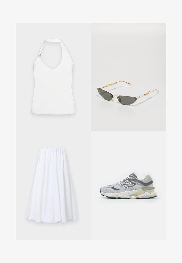 White halter top featuring a deep V-neck, a unique shoulder design with gold and blue hardware accents, and a smooth, soft texture.; White ankle-length skirt featuring an elastic waistband, made from lightweight fabric with a smooth texture and a flowy silhouette.; Gray suede and mesh sneaker with a thick white and beige sole, featuring a prominent white logo and red accent details.; Gold-framed sunglasses with dark gray lenses. Unique cat-eye shape. Temple features alternating gold beads and pearl accents.