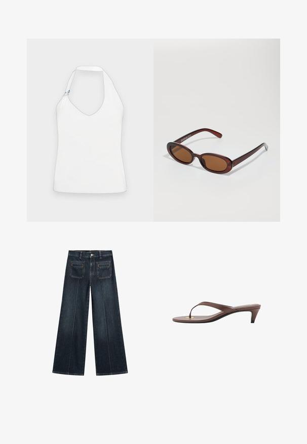 Top halter bianco con scollatura a V profonda, un design unico delle spalle con accenti in oro e blu, e una texture liscia e morbida.; Jeans a gamba larga in denim scuro, con chiusura a bottone, due tasche anteriori e due tasche posteriori con sottili dettagli di cucitura.; Infradito con tacco marroni, dotati di una fascia sottile e un puntale arrotondato, con un piccolo dettaglio dorato sulla soletta.; Occhiali da sole rotondi con tonalità marrone, montatura lucida color bordeaux. Aste sottili con un sottile dettaglio del marchio. Design delle lenti piatte.