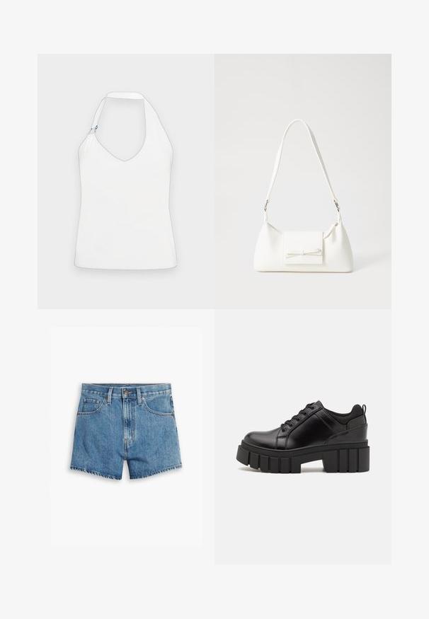 Biały top na szyję z głębokim dekoltem w kształcie V, unikalnym designem ramion oraz złotymi i niebieskimi akcentami, o gładkiej, miękkiej teksturze.; Jasnoniebieskie szorty dżinsowe z pięcioma kieszeniami, z zamkiem błyskawicznym i zapięciem na guzik. Rant jest postrzępiony, a krój jest luźny.; Czarne skórzane buty na platformie z masywnym słupkowym obcasem, okrągłym noskiem i klasycznym sznurowaniem. Posiadają gładką teksturę i minimalne wykończenia.; Biała syntetyczna torba o trójkątnym kształcie, płaskim przednim klapce i detalach w postaci kokardy, regulowanym pasku, gładkiej fakturze oraz minimalistycznym designie.