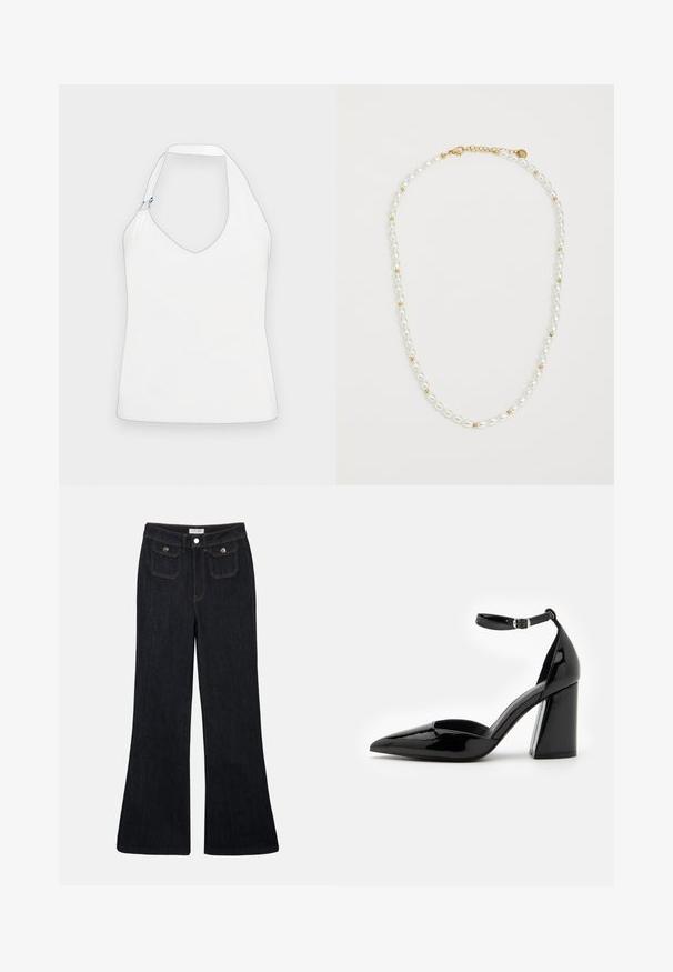 Top halter bianco con scollatura a V profonda, un design unico delle spalle con accenti in oro e blu, e una texture liscia e morbida.; Jeans in denim scuro a gamba svasata con vita alta, due tasche frontali e cuciture arancioni. Il materiale appare robusto e morbido.; Scarpa con tacco alto in pelle verniciata nera, punta affusolata, cinturino alla caviglia e tacco largo per maggiore stabilità, caratterizzata da una superficie liscia e lucida.; Collana di perle con perle ovali bianche alternate a piccole perline dorate, dotata di una chiusura in oro per il fissaggio. Texture complessivamente liscia.
