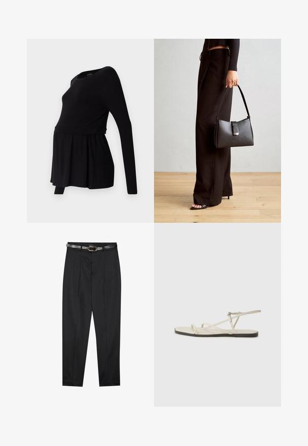 Črn dolg rokav nosečniški top z zaobljenim izrezom, ohlapnim krojem in nabranim pasom, izdelan iz mehkega, elastičnega materiala.; Črne hlače iz gladkega blaga, z ozkim pasom in teksturiranim sivim pasom z zlatim sponko. Rahlo zožani hlačnica.; Beige ravne sandale z več tankimi trakovi in nastavljivim zaponcem. Podplat je raven z rahlo temnim kontrastom na robu.; Črna torbica z strukturirano obliko, gladko teksturo in kovinskim zaponko. Ujemajo se z širokimi črnimi hlačami in odprtimi sandali na lesenem tleh.