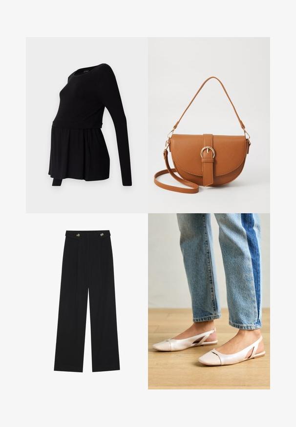 Svart langermet graviditetstop med rund hals, løs passform og samlet midje, laget av myk og elastisk stoff.; Svart vide bukser med høy midje, knappdetaljer på midjebåndet og frontplisser.; Lys rosa slingback leiligheter med spiss tå, laget av et glatt, læraktig materiale. Har utskjæringer på sidene og lav hæl.; Brun lærcrossbody-veske med en buet form, gullhardware og et spenneakcent. Har en avtakbar skulderreim.
