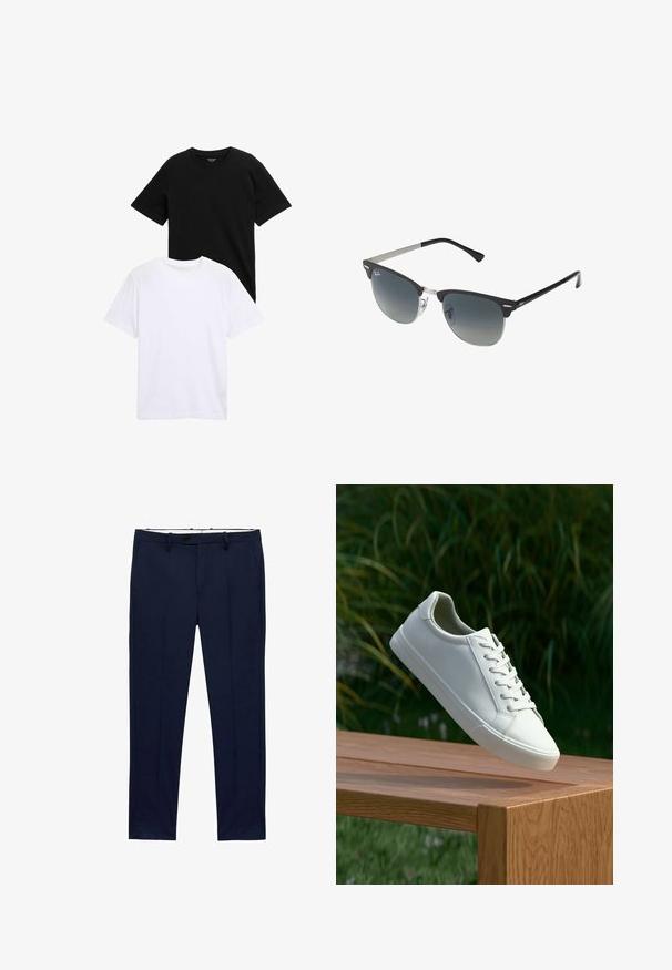 Kortärmade t-shirts i svart och vitt bomull, med rundad halsringning och en mjuk textur. Båda tröjorna visas staplade.; Mörkblå byxor med slim fit och ränder. Har dragkedja, bälteshällor och framfickor. Slät tygliknande struktur.; Vit snörad sneaker svävande ovanför en träbänk med gröna växter i bakgrunden, som visar skodesign och textur.; Svarta och silverfärgade solglasögon med kattögaform, gradientlinser och metalliska detaljer på ramen. Plastbågar med gråa tippar.