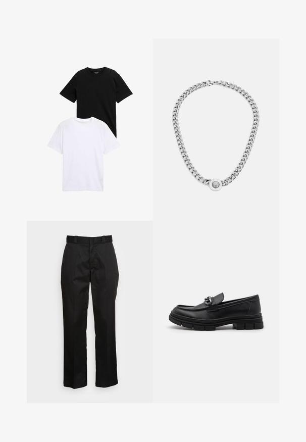 Koszulki z krótkim rękawem w czerni i bieli z bawełny, z okrągłym dekoltem i gładką teksturą. Obie koszulki są wyeksponowane jedna na drugiej.; Czarne spodnie wykonane z gładkiego materiału, charakteryzujące się prostym krojem nogawki, pętelkami na pasek oraz dwoma bocznymi kieszeniami. Klasyczny wygląd bez ozdób.; Czarne skórzane półbuty z okrągłym noskiem, dekoracyjnym paskiem i elementami metalowymi oraz grubą, fakturowaną podeszwą. Gładkie wykończenie z subtelnymi detalami.; Srebrny naszyjnik łańcuszkowy z grubymi ogniwami i centralnym okrągłym wisiorkiem z misternym wzorem. Gładka, lustrzana powierzchnia metalu.