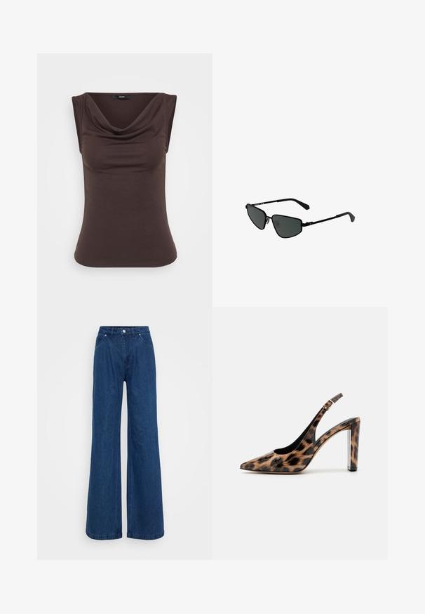 Top senza maniche marrone con scollo drappeggiato, realizzato in tessuto morbido. Texture liscia con una silhouette aderente e senza elementi hardware visibili.; Jeans in denim blu a gamba larga con vita alta, chiusura frontale con bottone e zip, e tasche anteriori e posteriori su uno sfondo semplice.; Décolleté con stampa leopardata, dotato di cinturino alla caviglia e tacco a blocco trasparente. Realizzato in materiale lucido con una superficie morbida.; Occhiali da sole in stile black metal con montatura angolare e lenti scure. Presentano aste sottili e dritte e naselli per una vestibilità sicura.; Orecchino a cerchio in argento con finitura lucida, caratterizzato da piccoli dettagli in oro e una forma tondeggiante, indossato sul lobo.