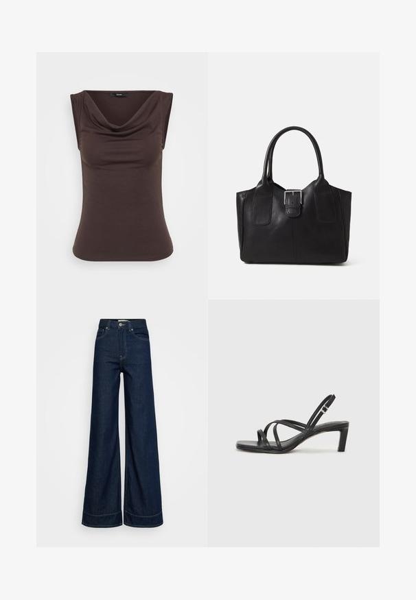 Ruda be rankovių palaidinė su drapiruotu kaklo iškirpimu, pagaminta iš minkštos medžiagos. Lygus paviršius, prigludusi siluetas ir jokios matomos detalių.; Tamsiai mėlynos aukšto liemens plačiakojės džinsai su priekinėmis kišenėmis, diržo kilpelėmis, mygtuko uždarymu ir matomu siuvimu ant balto fono.; Juodi šlepetės su kvadratiniu pirštu ir žemu bloku kulnu. Yra keli ploni dirželiai ir reguliuojamas kulkšnies diržas. Pagaminti iš lygios odos.; Juodas odinis nešiojamas krepšys su lygiu paviršiumi, struktūrine forma, dviem rankenėlėmis ir ryškiu sidabriniu sagties akcentu priekyje.