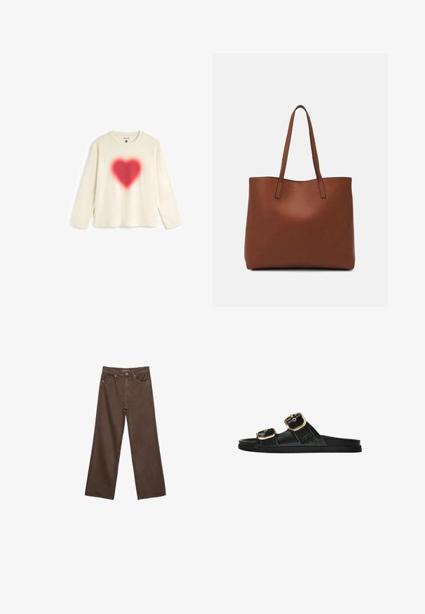 Long-sleeve cream cotton t-shirt featuring a red spray-painted heart design at the center. Crew neck with a relaxed fit and stitched hem.; Wide-leg brown jeans made of denim, featuring a high waist, front pockets, and a classic button closure. Smooth texture with subtle stitching.; Black slide sandal with two gold buckle accents, smooth textured material, flat sole, and a minimalist design.; Brown leather tote bag with a smooth texture, open top design, and two shoulder straps. Features minimal stitching and no visible hardware.