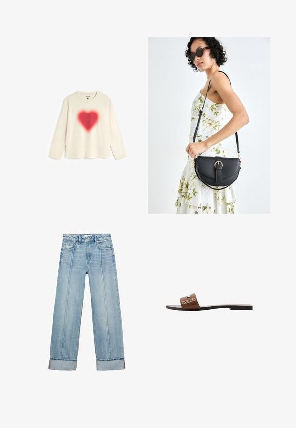 Långärmad t-shirt i gräddvit bomull med en röd hjärtdesign som ser ut att vara spraymålad i mitten. Rund halsringning med avslappnad passform och sydd fåll.; Ljusblå denim bredbenta jeans med hög midja, som har fem fickor, synlig sömnad och uppvikt fåll vid mudden.; Bruna lädersandaler med platt sula, med en bred rem och vita geometriska detaljer för en minimalistisk design.; Svart läderhandväska med en böjd form, avtagbar rem och guldiga detaljer. Väskan har ett lock med en spänndetalj.
