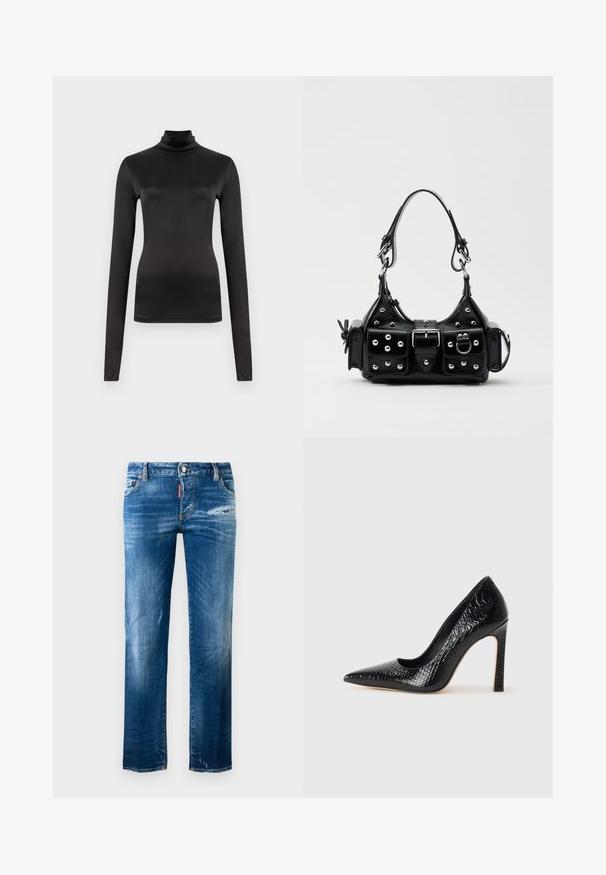 Černý rolák s dlouhým rukávem vyrobený z hladkého, elastického materiálu. Přiléhavý střih s vysokým krkem a bez viditelných vzorů nebo zdobení.; Modré slim fit džíny s jemným vyblednutím, mírným opotřebením na pravém stehně a levém lemu, předními kapsami, poutky na pásek a knoflíkovým zapínáním.; Černý lodičkový bot s špičatou špičkou, pokrytý texturou krokodýlí kůže, s elegantním designem, vysokým stiletto podpatkem a hladkým černým interiérem.; Černá kožená kabelka s křivkovým designem, zdobená stříbrnými hřebíky, s přezkou a dvěma bočními kapsami. Nastavitelný popruh pro různé možnosti nošení.
