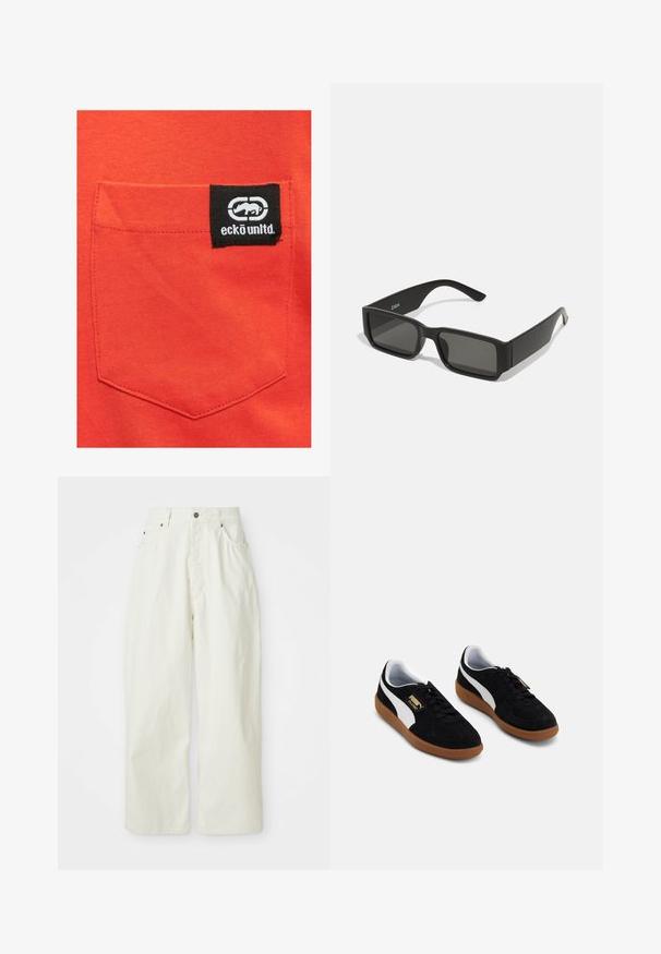 Rotes Baumwollhemd mit einer aufgenähten Tasche, die ein schwarzes Etikett mit dem "eckō unlt'd"-Logo und einer Logografik zeigt.; Weiße, weit geschnittene Baumwollhosen mit hoher Taille, fünf Taschen und Metallknopfverschluss. Glatte Textur mit minimalistischer Gestaltung.; Schwarze Wildleder-Sneaker mit einem weißen Seitenstreifen, Schnürdesign und Gummilaufsohle. Goldenes Logo-Detail an der Seite.; Schwarze Sonnenbrille mit rechteckigen Gläsern, mattem Kunststoffrahmen und geraden Kanten. Verfügt über das Markenlogo auf dem inneren Bügel.