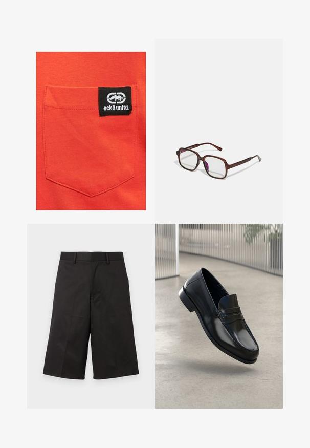 Red cotton shirt featuring a stitched pocket with a black label displaying the "eckō unlt'd" logo and a logo graphic.; Black shorts with a tailored design, made from smooth fabric, featuring a flat front, belt loops, and straight cropped legs.; Black leather loafers with a smooth finish, rounded toe, decorative stitching, and a slightly elevated outsole.; Brown, rectangular eyeglasses with transparent lenses and purple tints. Smooth plastic frame with straight temples and subtle accents.