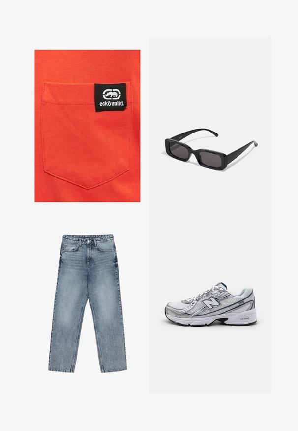 Rode katoenen shirt met een gestikt zakje en een zwart label waarop het logo "eckō unlt'd" en een logo-afbeelding staan.; Lichtblauwe denim jeans met een rechte pijp, zichtbare stiksels, vijf zakken en een knoopsluiting in de taille.; New Balance sportieve schoen met een bovenwerk van mesh, voornamelijk wit met grijze en marineblauwe accenten, voorzien van een gevoerde zool en textuurdetails.; Zwarte rechthoekige zonnebril met donkere lenzen, glanzende afwerking, brede pootjes en een robuust frameontwerp. Gegraveerde merknaam op één van de pootjes.