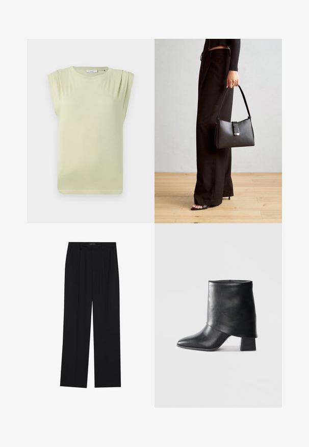 Top scurt cu maneci scurte, de culoare verde deschis, cu o croială lejeră. Prezintă plieri subtile pe umeri și un decolteu rotund. Material moale și fin.; Pantaloni negri cu un design drept, dotati cu doua buzunare frontale si un talie. Fabricati dintr-un material usor si neted.; Botine din piele neagră cu vârf ascuțit, textură netedă și toc bloc structurat. Prezintă un design cu manșetă înaltă și pliată.; Genți negre cu o formă structurată, textură netedă și un închizător metalic. Asortată cu pantaloni negri largi și sandale cu vârf deschis pe un podea din lemn.