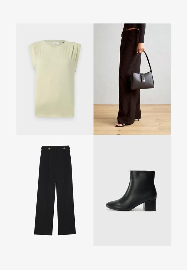 Ljusgrön, kortärmad topp med avslappnad passform. Har diskreta axelnitar och rundad halsringning. Mjuk, slät tyg.; Svarta vida byxor med hög midja, knäppdetaljer i midjan och framfickor.; Svarta läderankelstövlar med spetsig tå och kraftig klack. Slät textur med minimala accenter och en stilren, åtsittande design.; Svart handväska med strukturerad form, slät yta och metallspänne. Matchad med vida svarta byxor och sandaler med öppen tå på trägolv.