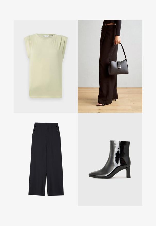 Haut vert clair à manches courtes avec un design décontracté. Présente de légers plis aux épaules et un col rond. Tissu doux et lisse.; Pantalons ample en tissu bleu marine foncé, avec une texture lisse, des plis avant et des œillets décoratifs en ton doré sur les poches latérales.; Bottines en cuir verni noir avec un bout pointu et un talon block de hauteur moyenne. Texture lisse et design minimaliste.; Sac à main noir à la forme structurée, texture lisse et fermoir métallique. Associé à un pantalon noir ample et des sandales ouvertes sur un sol en bois.