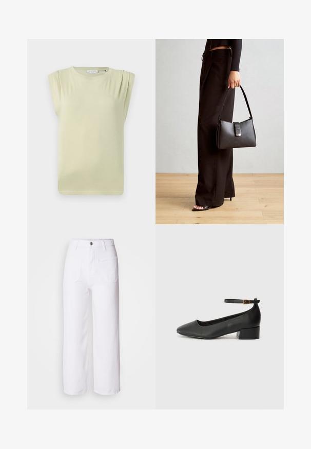 Helles grünes, kurzärmliges Oberteil mit lockerer Passform. Verfügt über dezente Schulterfalten und einen Rundhalskragen. Weicher, glatter Stoff.; Weiße Denim-Hosen mit weitem Bein, Knopfverschluss, Gürtelschlaufen, zwei Fronttaschen und einer einzelnen Gesäßtasche. Strapazierfähiger und strukturierter Stoff.; Schwarze Lederpumps mit spitzem Zehenbereich und niedrigem Blockabsatz. Mit einem Knöchelriemen und einer goldfarbenen Schnalle. Glatte Textur.; Schwarze Handtasche mit strukturierter Form, glatter Textur und einem metallischen Verschluss. Kombiniert mit weiten schwarzen Hosen und offenen Sandalen auf einem Holzboden.