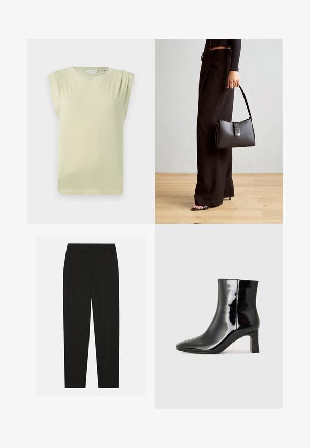 Lichtgroene, kortekorte top met een relaxte pasvorm. Bevat subtiele schouderplooien en een ronde hals. Zacht, glad materiaal.; Zwarte broek met een tailormade ontwerp, voorzien van zijzakken en een rechte pijp. Gemaakt van een soepele, lichte stof met een strakke afwerking.; Zwarte gepolijste leren enkellaars met een spitse neus en een blokhak van gemiddelde hoogte. Glad textuur en minimalistisch ontwerp.; Zwarte handtas met gestructureerde vorm, gladde textuur en een metalen sluiting. Gecombineerd met brede zwarte broeken en sandalen met open teen op een houten vloer.