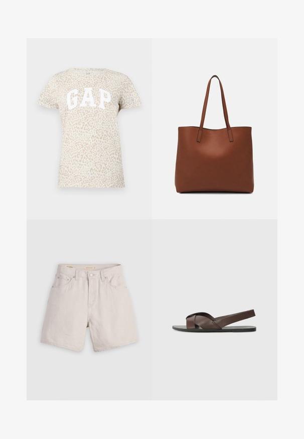 Beige T-shirt met een luipaardprint en het "GAP"-logo in grote witte letters op de voorkant. Korte mouwen en een ronde hals.; Beige high-waisted denim shorts met een knoopsluiting aan de voorkant, riemlussen en een vijf-pocketontwerp; lichtgewicht met een gladde textuur.; Bruine leren sandaal met een kruisbandontwerp, vlakke zwarte zool en verstelbare achterband. Gladde textuur en minimale hardwaredetails.; Bruine leren tote bag met een gladde textuur, een ontwerp met een open bovenkant en twee schouderbanden. Kenmerkt zich door minimale stiksels en geen zichtbare hardware.