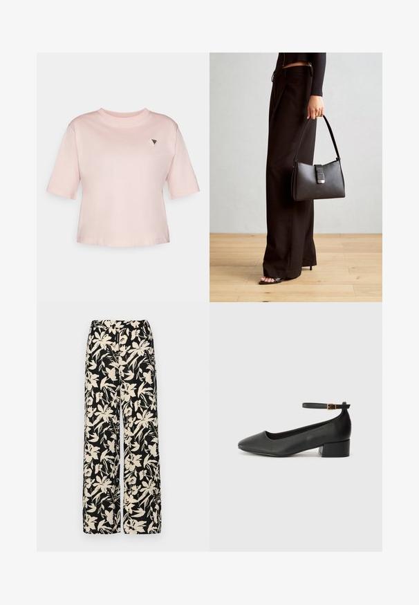 Svetlo roza bombažna majica s krožnim izrezom, kratkimi rokavi in majhnim trikotnim logotipom na levem prsnem delu.; Črne široke hlače z kremnim cvetličnim vzorcem. Narejene so iz lahkega blaga, ki ima gladko teksturo in visok pas.; Črne usnjene pumpice z nazobčanimi prsti in nizko blokasto peto. Imajo trak okoli gležnja z zaponko v zlatem tonu. Gladka tekstura.; Črna torbica z strukturirano obliko, gladko teksturo in kovinskim zaponko. Ujemajo se z širokimi črnimi hlačami in odprtimi sandali na lesenem tleh.