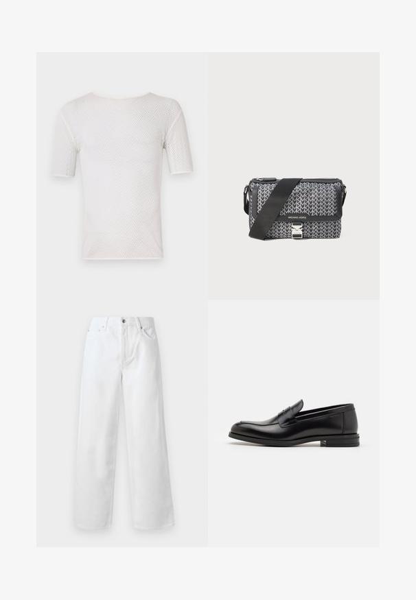 Bally T-shirt basique - white; rag & bone BAGGY - Jean baggy - white; Mocassins en cuir noir avec une texture lisse, bout rond et une sangle décorative sur le dessus. Talon bas empilé, design minimaliste.; Sac bandoulière à motifs noir et gris avec un design géométrique, fermeture zippée et accent en métal argenté. Sangle ajustable incluse.