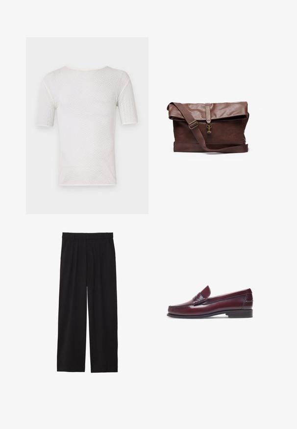 Bally T-Shirt basic - white; Schwarze, weite Hose mit gefälteltem Vorderteil, seitlichen Taschen und einer glatten Stoffstruktur. Entworfen für eine entspannte Passform.; Burgunderfarbene Lederloafer mit abgerundeter Zehenform, gestickten Details und einem kleinen dekorativen Akzent auf dem Blatt. Flache, kontrastierende Sohle.; Braune Leder-Umhängetasche mit einem umklappbaren Deckel, verstellbarem Tragegurt, Metallbeschlägen und glatter Oberfläche. Enthält einen Frontverschluss mit Schlaufe.; Quadratische Quarz-Armbanduhr mit einem weißen Zifferblatt, blauen Zeigern, römischen Ziffern, einem Datumsdisplay und einem schwarzen Lederarmband mit strukturiertem Finish.