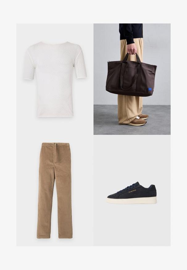 Bally Pamata T-krekls - white; Brūni korduroja bikses ar elastīgu jostasvietu un priekšējo auklu, taisnas kājas piegriezums, izliktas uz balta fona.; Navy zila zamšas zema augstuma kedas ar baltu zoli, navy krāsas auklām un "Filling Pieces" logo zeltā sānos.; Brūns neilona iepirkumu soma ar divām rokturiem, ar rāvējslēdzēju aizvēršanu un zilu logotipa uzlīmi. Gluda tekstūra, strukturēts dizains, plašs iekšējais nodalījums.