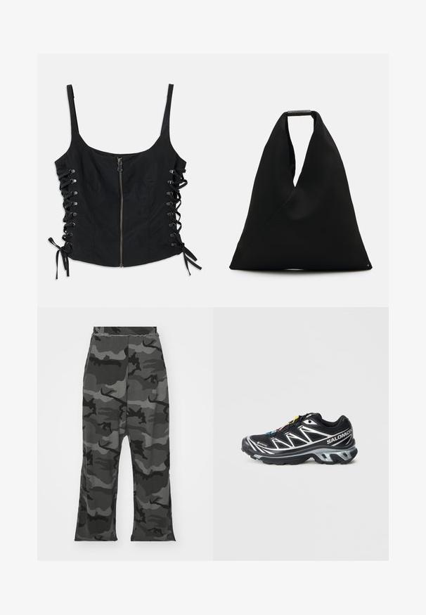 Top smanicato nero con zip frontale e lati con lacci legati con fiocchi, dotato di spalline sottili e una silhouette aderente.; Pantaloni della tuta mimetici in tonalità di nero e grigio, con una cintura elastica, vestibilità rilassata e leggere spaccature nella parte inferiore delle gambe.; Scarpa da corsa nera con accenti argento, materiale GORE-TEX, suola testurizzata e lacci colorati. Presenta un tallone imbottito per supporto.; Borsa tote in tessuto nero con un design unico a forma di V e una texture liscia. Presenta un manico corto con dettagli hardware minimalisti.
