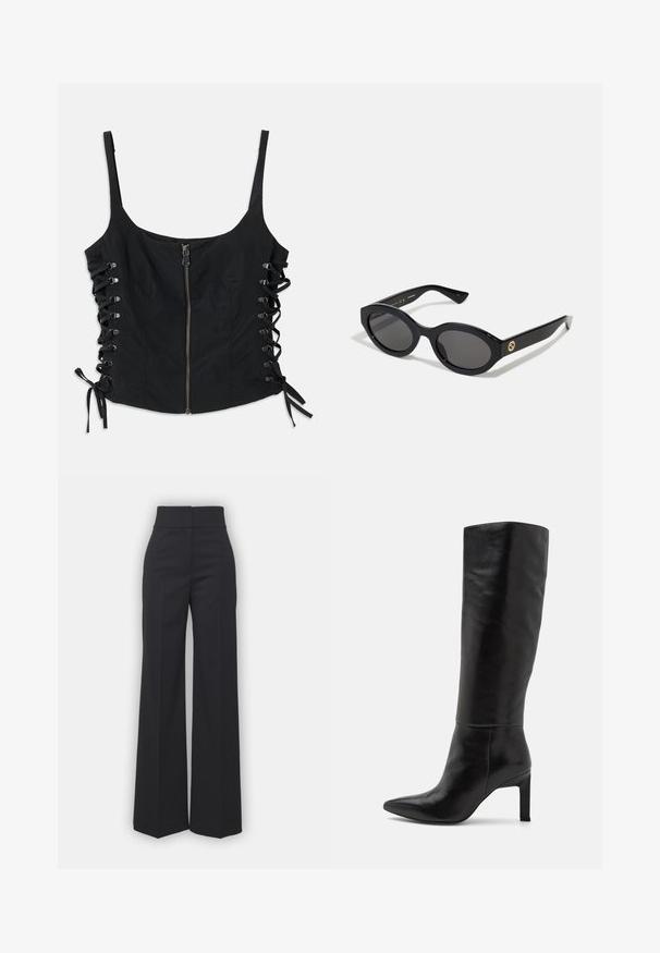Schwarzes ärmelloses Top mit einem Reißverschluss auf der Vorderseite und Schnürseiten, die mit Schleifen gebunden sind. Es hat dünne Schulterträger und eine taillierte Silhouette.; Weite Hosen aus schwarzem Stoff mit hohem Bund, die eine saubere Verarbeitung und glatte Textur aufweisen. Keine sichtbaren Beschläge oder Muster.; Knöchelhohe schwarze Leder-Stiletto-Stiefel mit spitzer Zehe und glatter Oberfläche. Der Blockabsatz sorgt für Stabilität im Design.; Schwarze ovale Sonnenbrille mit dunklen Gläsern und glänzendem Kunststoffrahmen. Mit goldenem Logo am Bügel, das ein elegantes und modernes Design bietet.