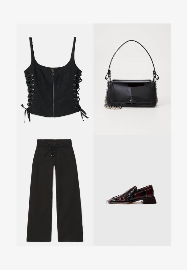 Black sleeveless top with front zipper and lace-up sides tied with bows, featuring thin shoulder straps and a fitted silhouette.; Black wide-leg pants with a high waist, featuring a lace-up front closure and snap button. Made of denim with a smooth texture.; Dark burgundy patent leather loafer with textured finish, low block heel, and classic penny strap detailing, shown from the side.; Black patent leather handbag with a rectangular shape, chain strap, and a distinctive hardware accent in the center. Smooth texture.
