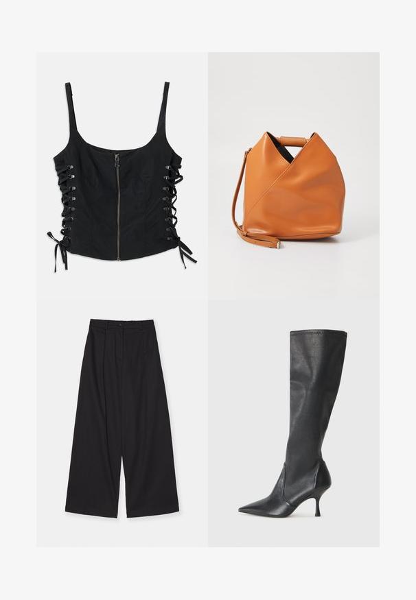 Černý bezrukávový top s předním zipem a krajkovými stranami vázanými mašlemi, s tenkými ramínky a přiléhavým střihem.; Černé kalhoty s širokými nohavicemi vyrobené z hladké tkaniny, s vysokým pasem, předními sklady, zapínáním na knoflík a rovnou siluetou.; Černé kožené vysoké boty do kolen s špičatou špičkou a štíhlým jehlovým podpatkem. Hladká textura s přiléhavým střihem a přešitím na horním okraji.; Hnědá kožená kabelka s unikátním trojúhelníkovým skladem, horním uchem a odnímatelným ramenním popruhem na bílém pozadí.