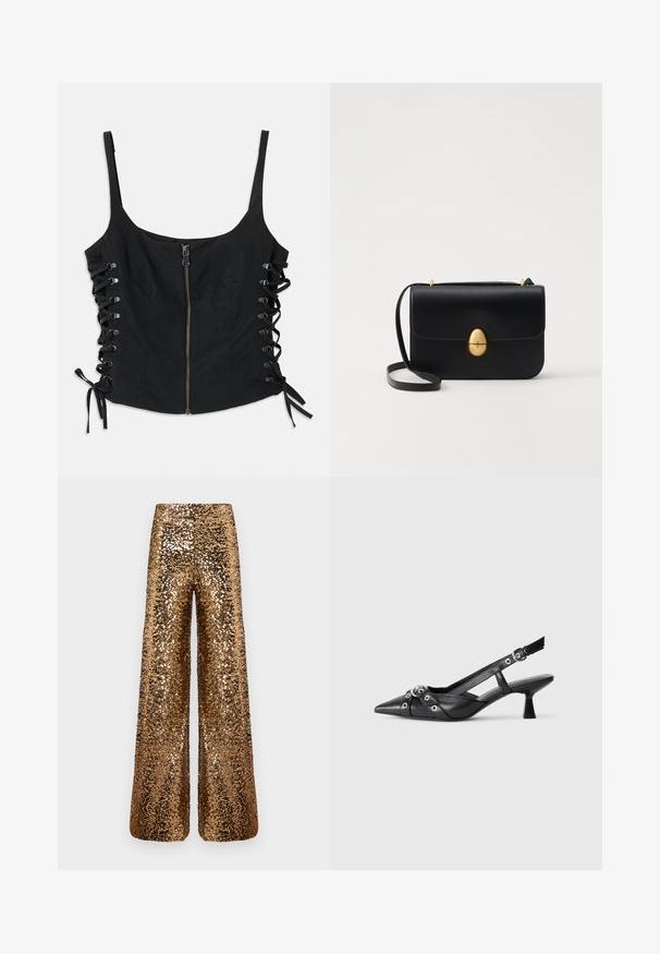 Black sleeveless top with front zipper and lace-up sides tied with bows, featuring thin shoulder straps and a fitted silhouette.; Gold sequin wide-leg pants with a shiny, textured surface, featuring a high waist and flowing silhouette. Ideal for formal occasions.; Black leather slingback shoe with a pointed toe, decorative straps featuring metal eyelets, and a low block heel. Textured surface.; Black leather handbag with a structured rectangular shape. Features a golden oval clasp and a thin shoulder strap. Smooth texture.