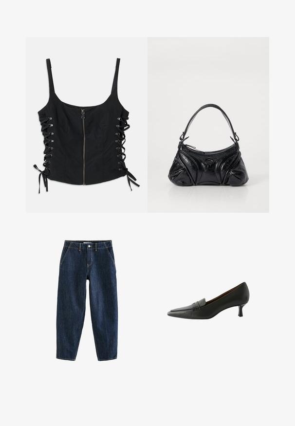 Black sleeveless top with front zipper and lace-up sides tied with bows, featuring thin shoulder straps and a fitted silhouette.; Dark blue denim pants with a loose fit, featuring five pockets, belt loops, and contrasting yellow stitching. Clean, textured fabric.; Black leather heeled shoe with a pointed toe and a decorative strap. Features a low stiletto heel and smooth texture.; Black handbag made of textured leather with a rounded shape. Features a thin shoulder strap and decorative embossed patterns.